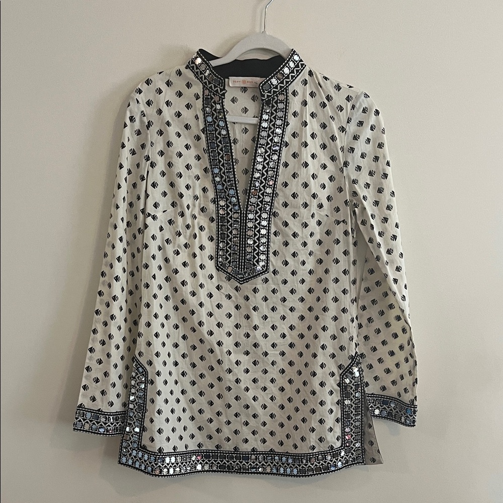 Tory Burch Kingfish Print Sequin‎ Embellished Ivory Cotton Tunic Size 6 Coastal